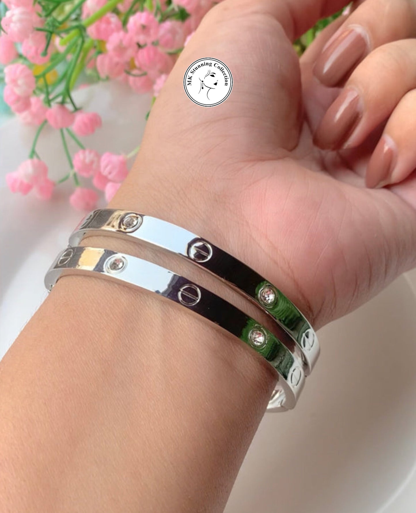 Silver-Tone Crystal-Inlaid Screw Motif Bangle