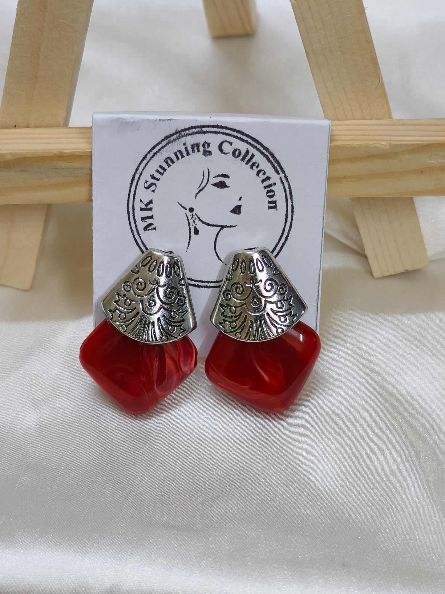 Vintage-Inspired Red Resin and Silver Clip-On Earrings