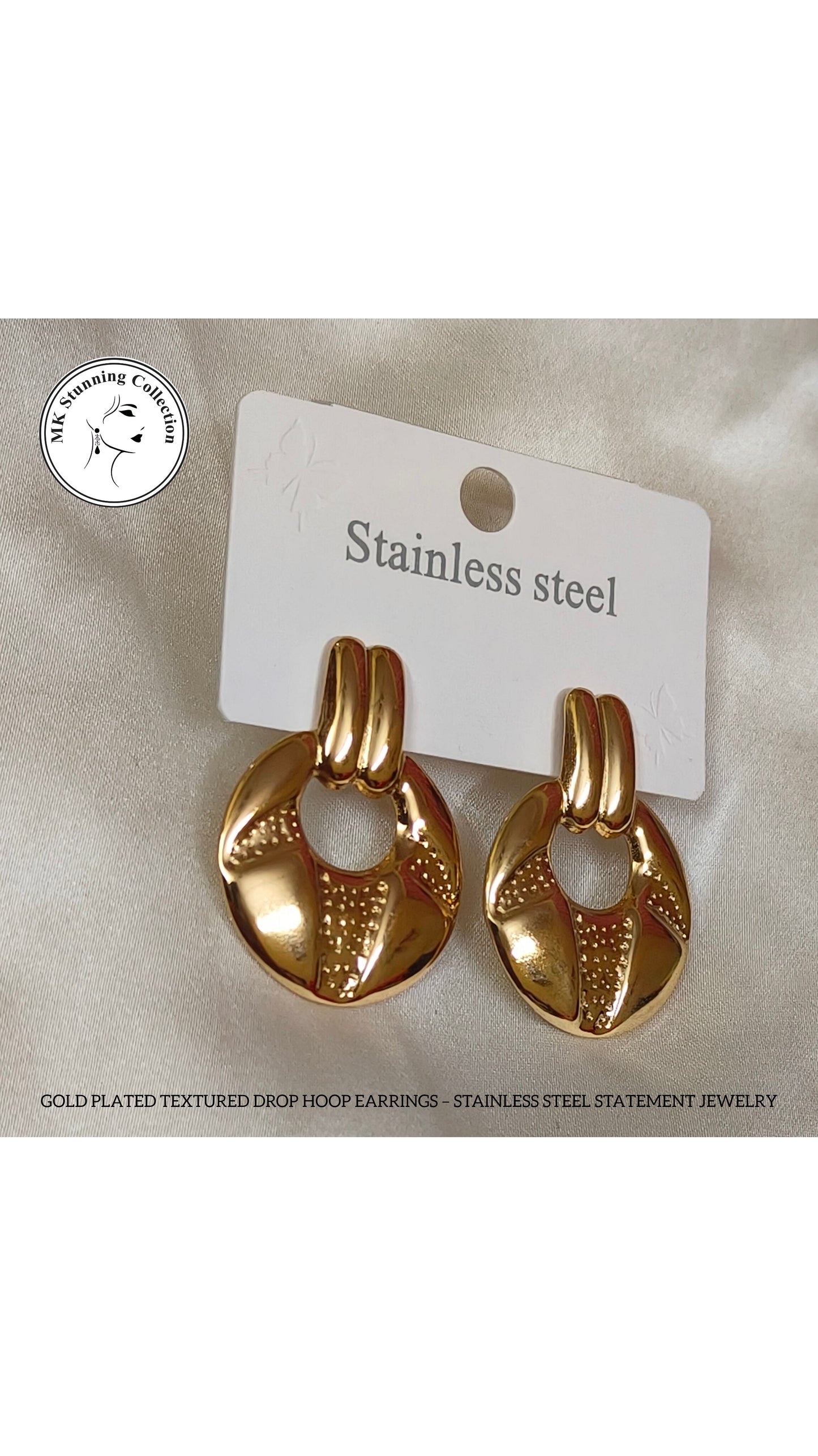Gold Plated Textured Drop Hoop Earrings – Stainless Steel Statement Jewelry