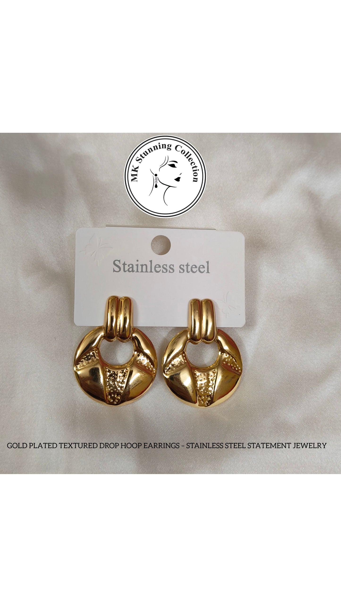 Gold Plated Textured Drop Hoop Earrings – Stainless Steel Statement Jewelry