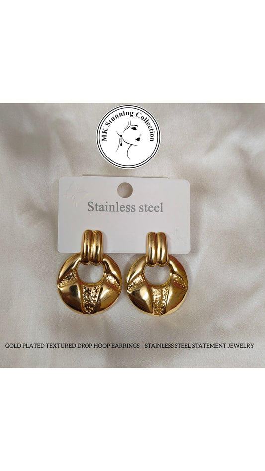 Gold Plated Textured Drop Hoop Earrings – Stainless Steel Statement Jewelry