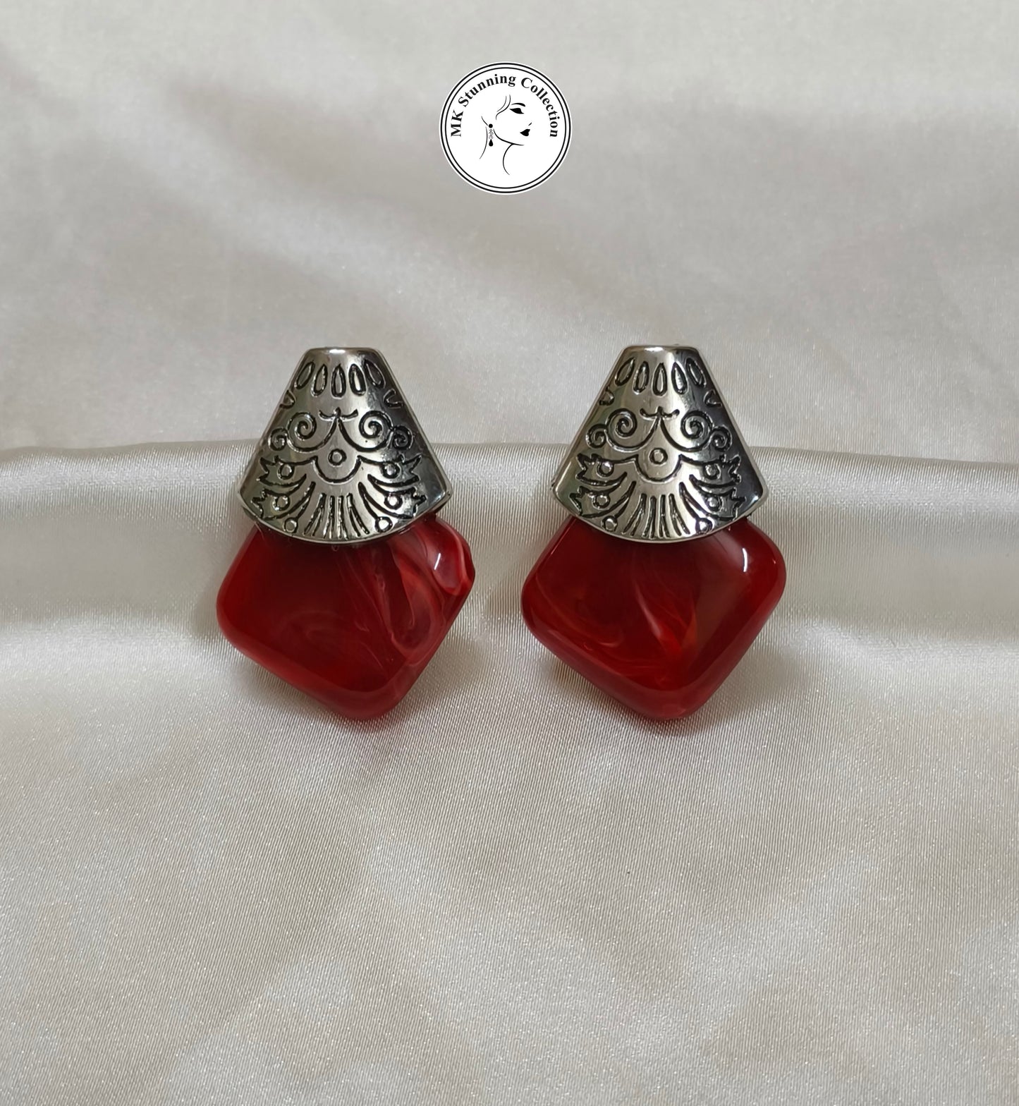 Vintage-Inspired Red Resin and Silver Clip-On Earrings