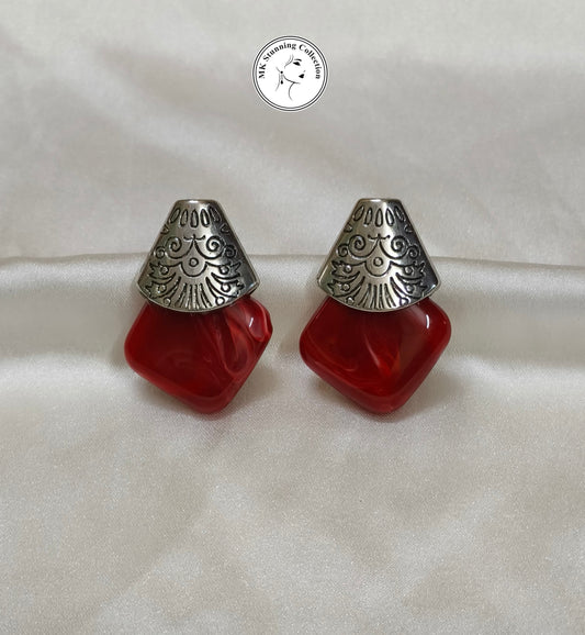 Vintage-Inspired Red Resin and Silver Clip-On Earrings