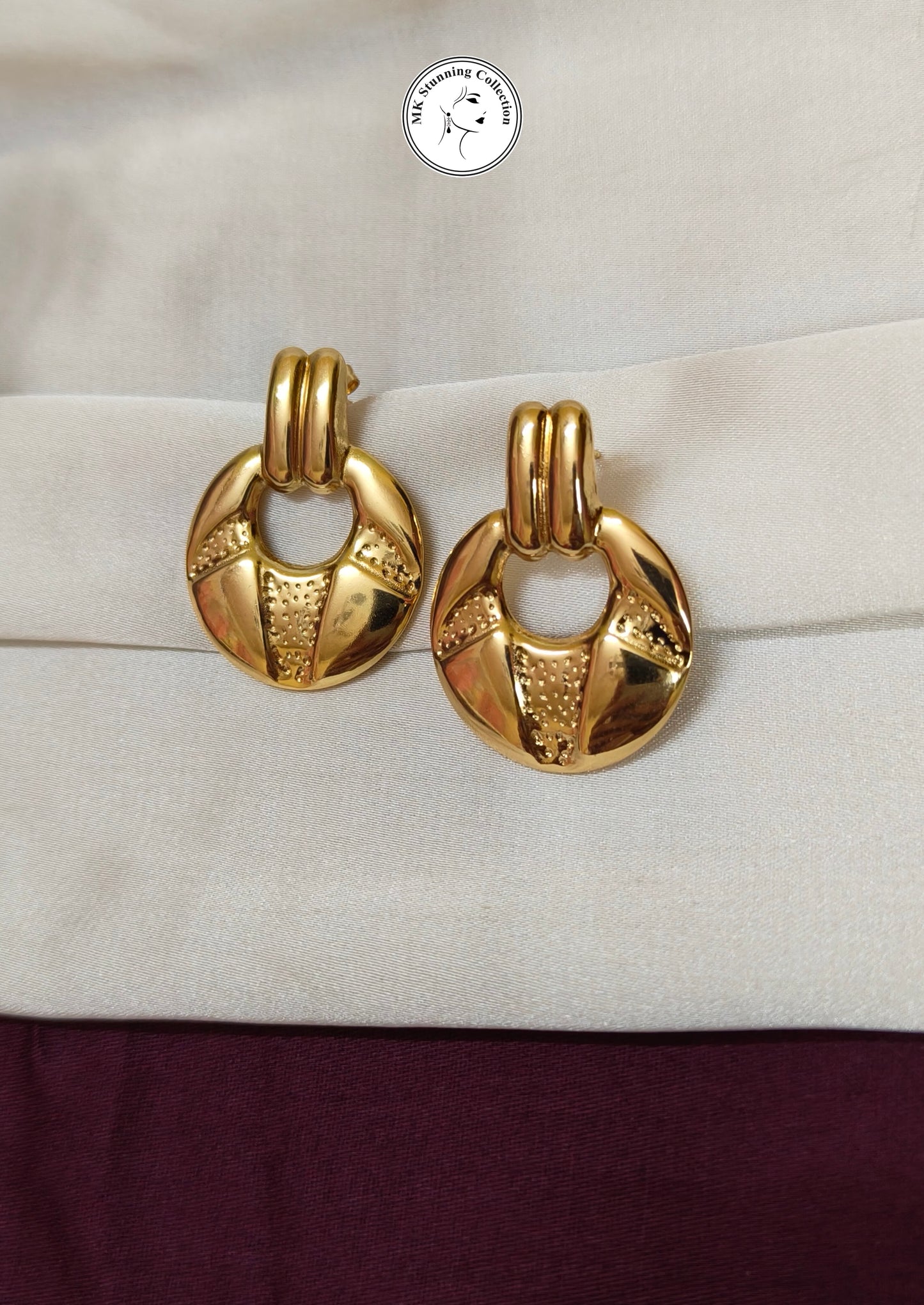 Gold Plated Textured Drop Hoop Earrings – Stainless Steel Statement Jewelry