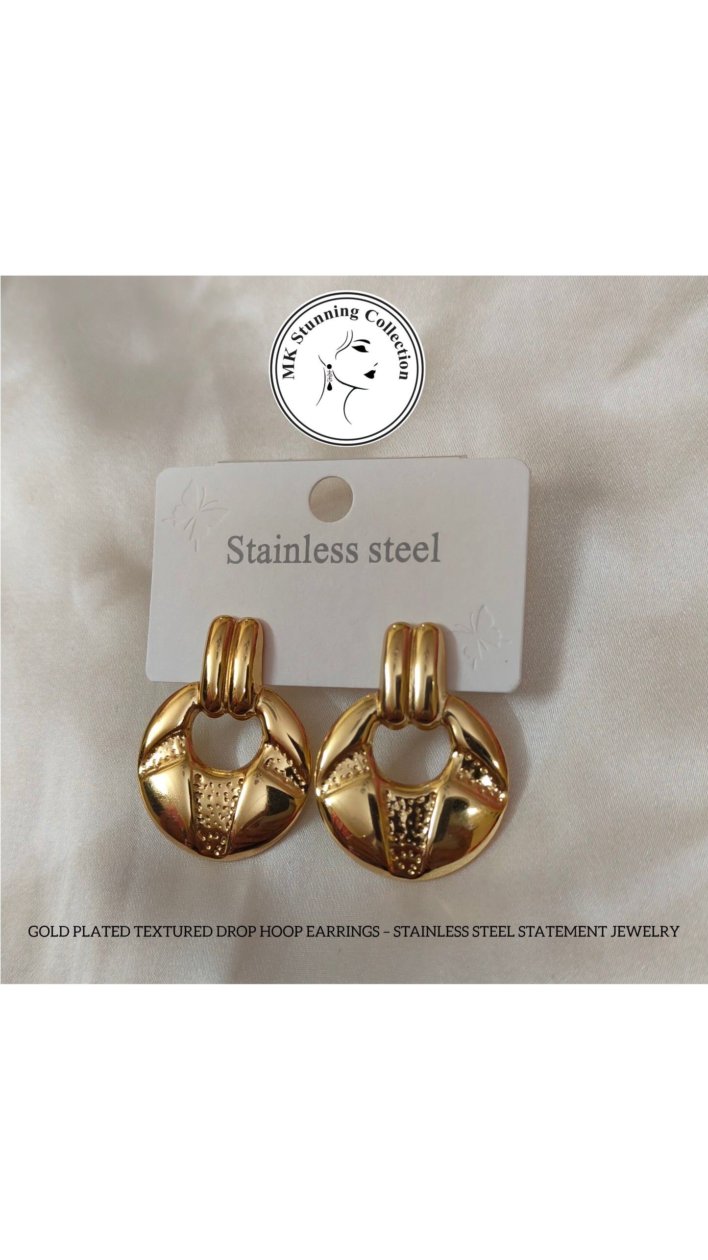 Gold Plated Textured Drop Hoop Earrings – Stainless Steel Statement Jewelry