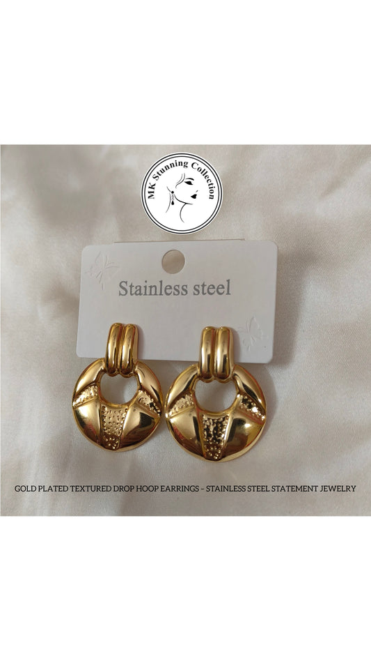 Gold Plated Textured Drop Hoop Earrings – Stainless Steel Statement Jewelry